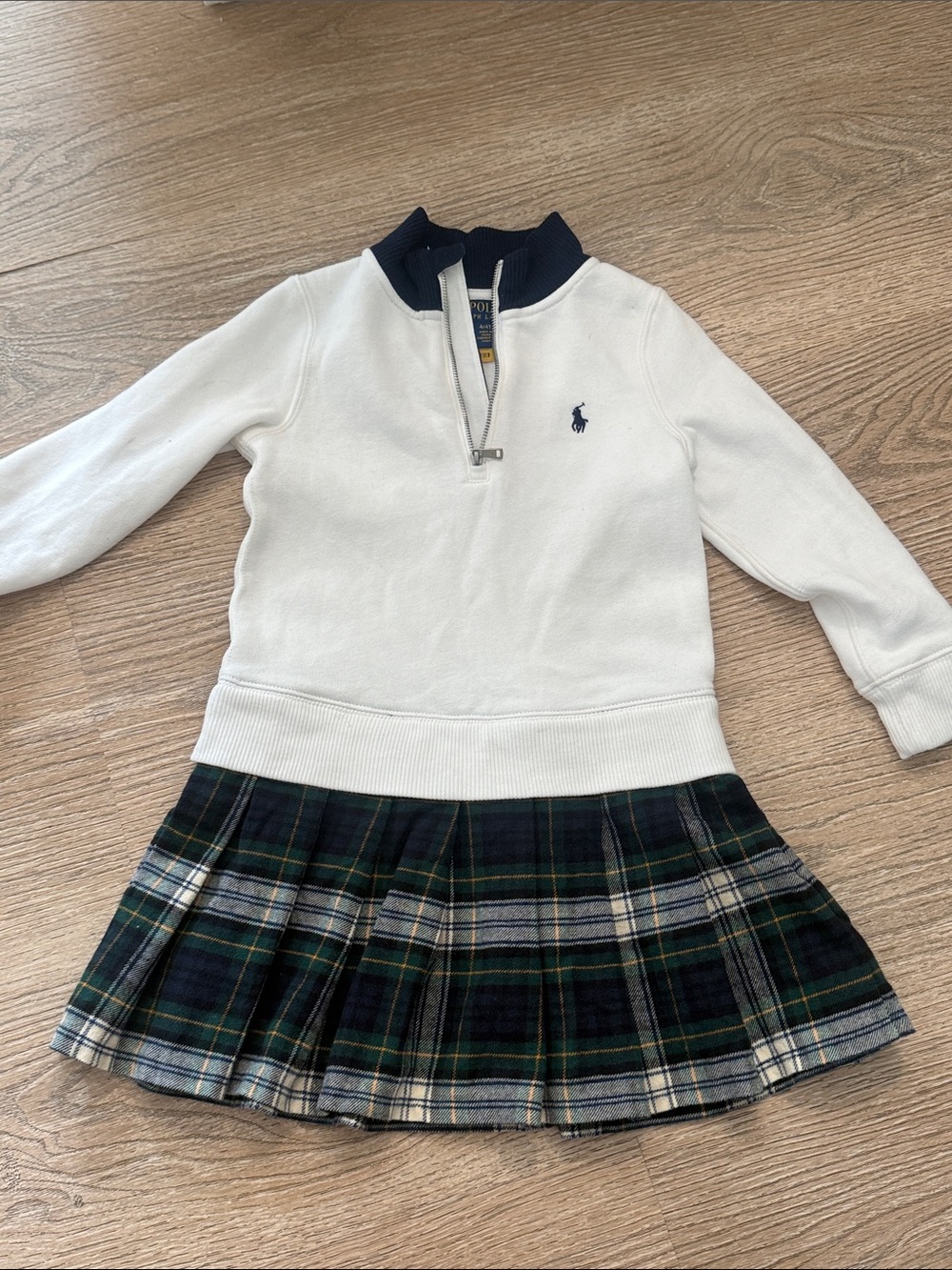 Ralph Lauren Girls White Half-Zip Sweatshirt Dress with Plaid Skirt
